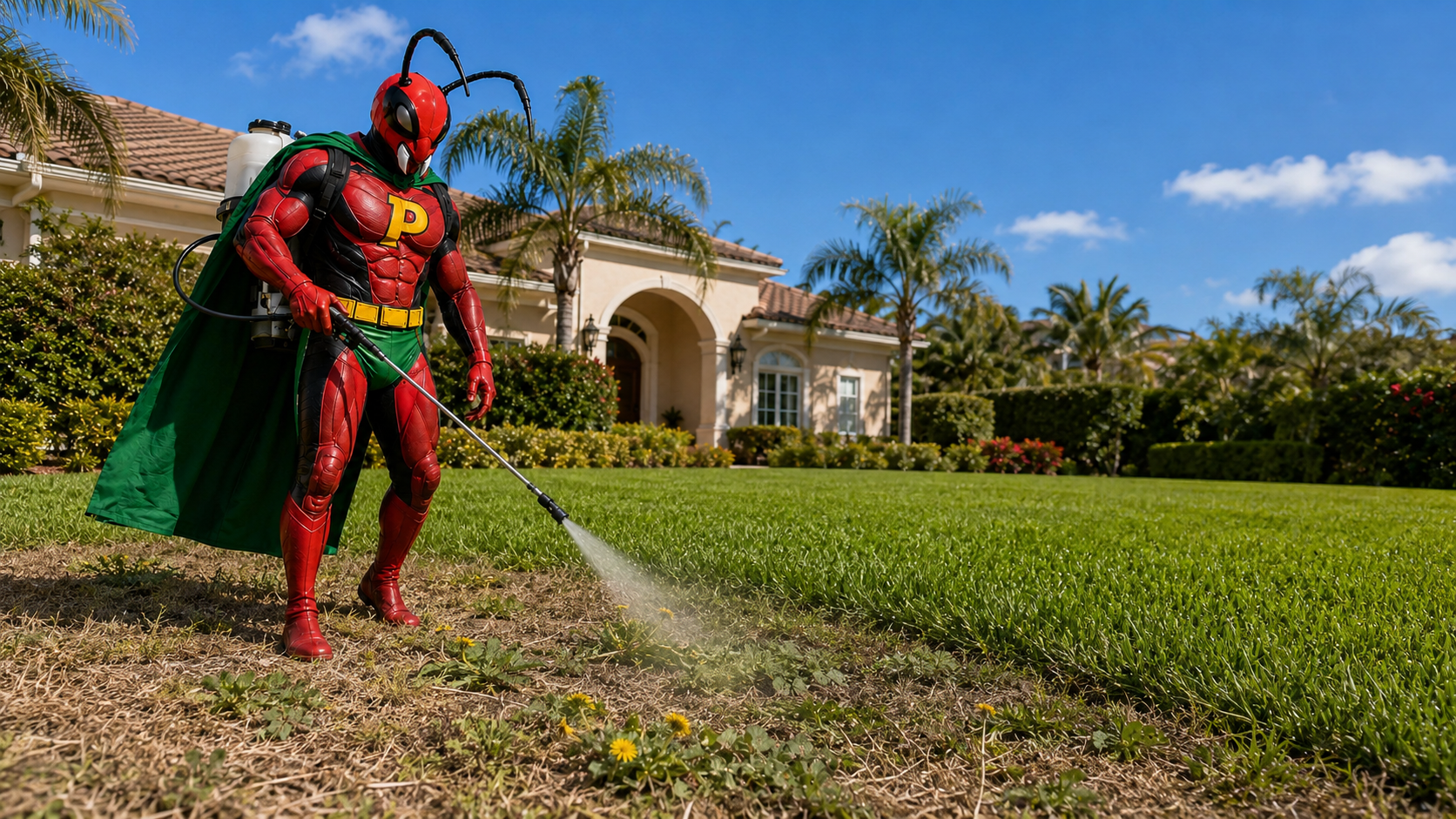 Pestman applying lawn treatment on a Central Florida property