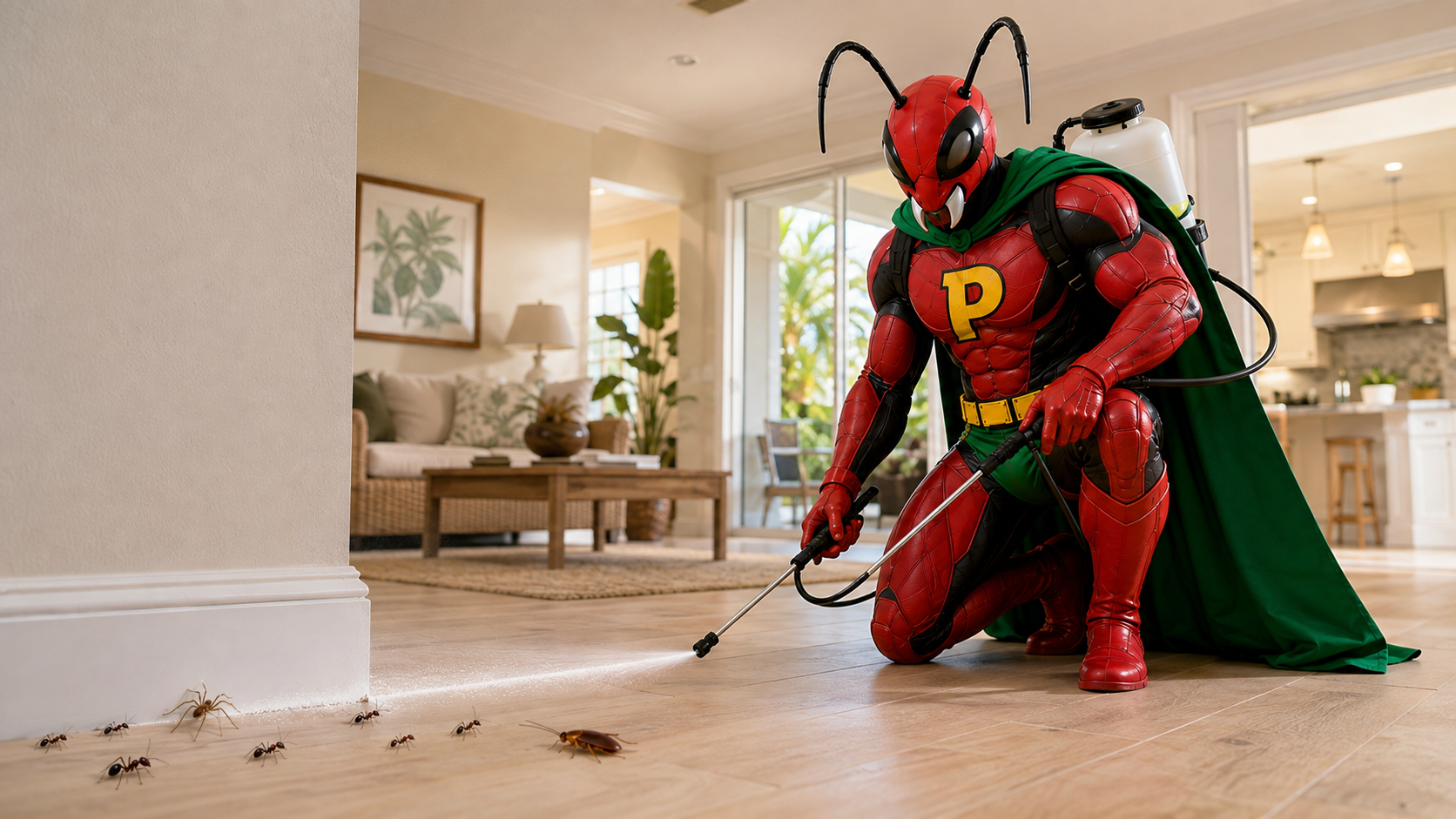 Pestman treating an interior area while targeting ants, spiders and roaches