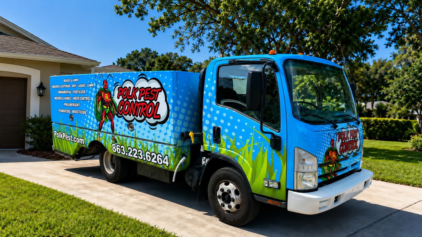 Polk Pest Control superhero branding on the service truck