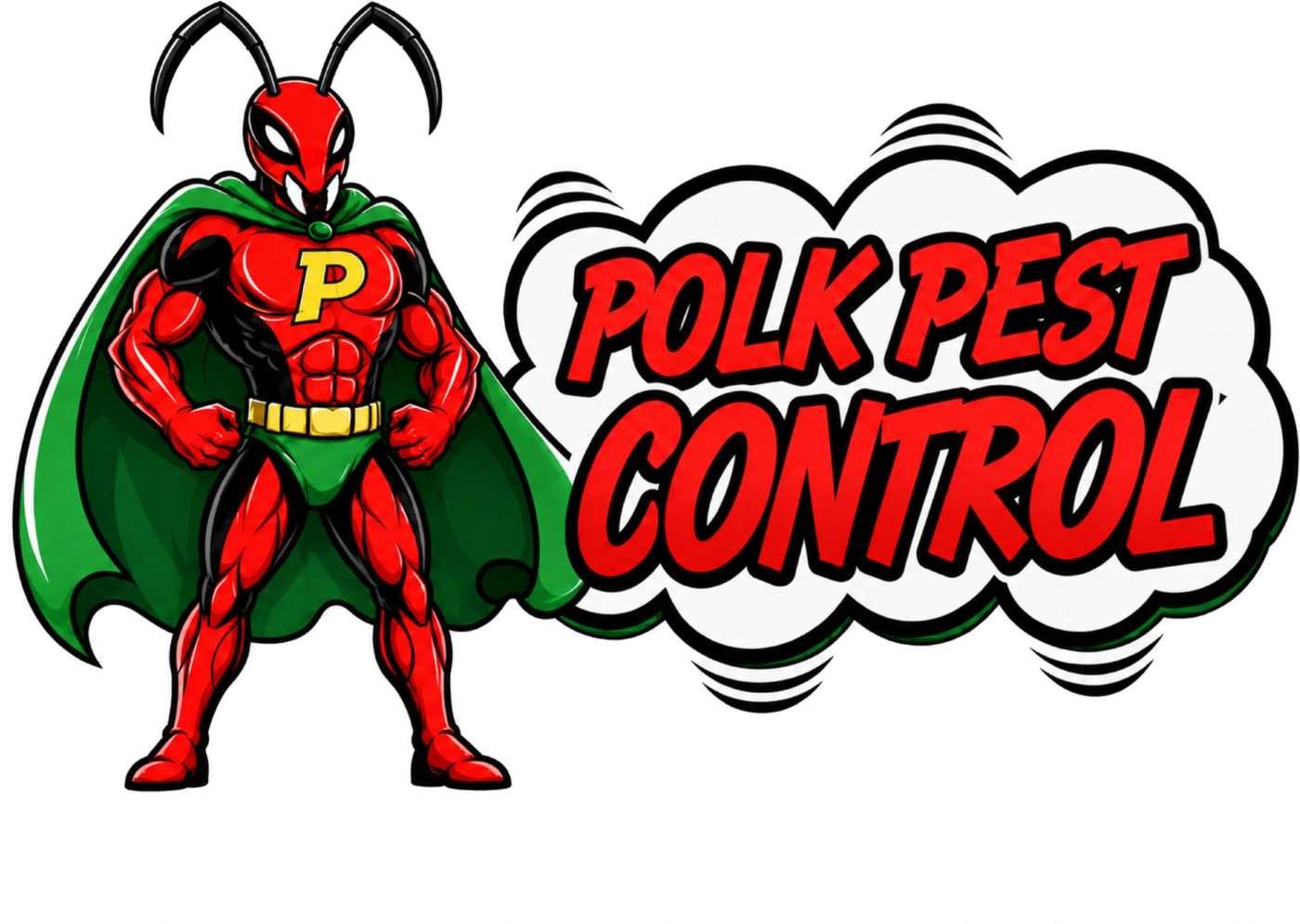 Polk Pest Control superhero ant logo
